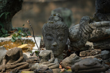 Ancient old ruin Head of Buddha statue carved from sandstone was destroyed and abandoned left in the Wat U Mong Temple.