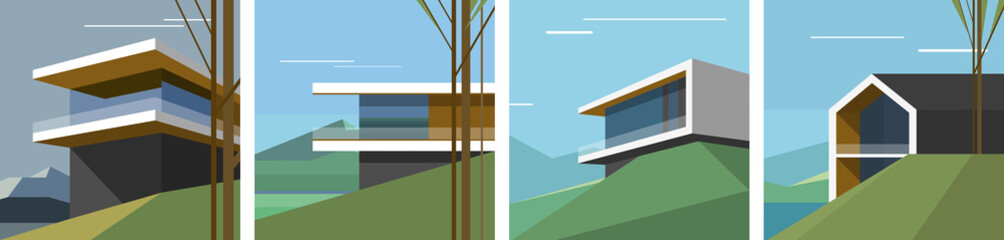 Architecture art. Modern scandinavian house on the hill. Scandinavian landscape. Set of vector illustration. © Molibdenis-Studio
