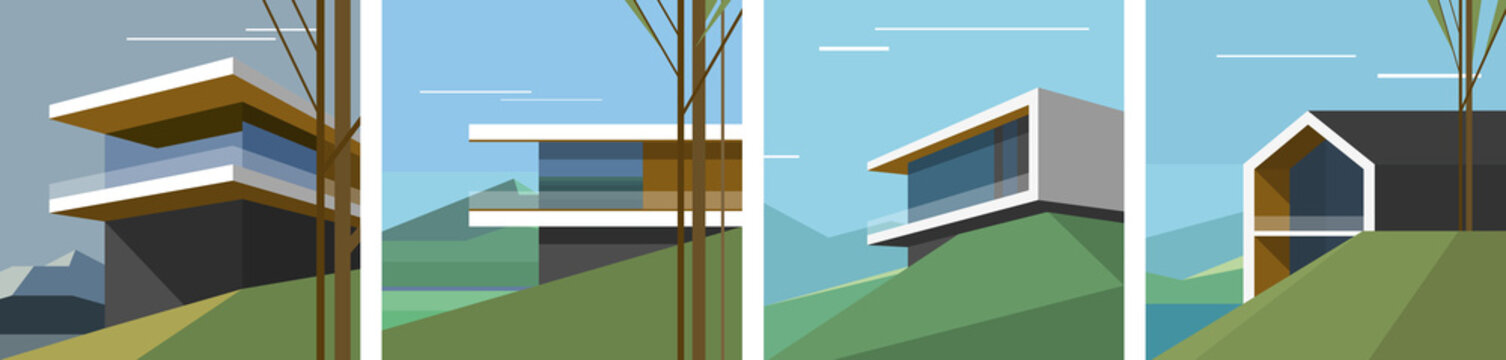 Fototapeta Architecture art. Modern scandinavian house on the hill. Scandinavian landscape. Set of vector illustration.