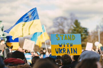 political demonstration with posters in Europe in support of Ukraine