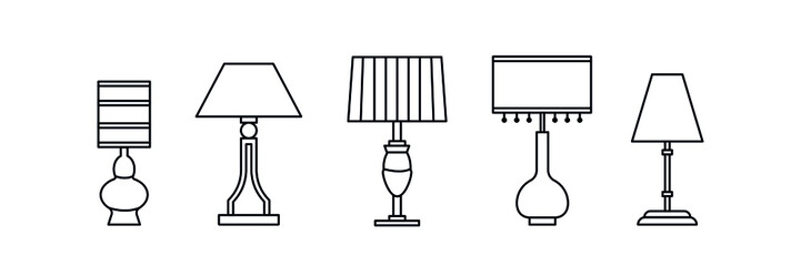 Set of chandelier line icons. Table lamp for desk, bedroom, hallway. Vector illustration