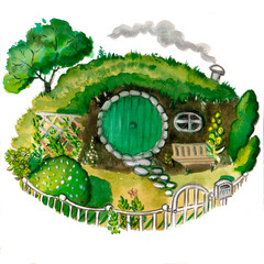 Watercolor hobbit house in summer season on white background - obrazy, fototapety, plakaty