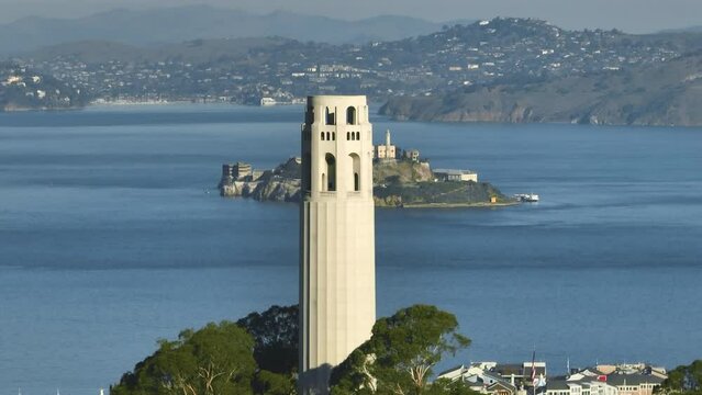 Aerial view of Alcatraz Island with lighthouse on a clear morning
