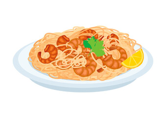 Shrimp Scampi with pasta icon vector. Spaghetti and seafood icon vector isolated on a white background. Hand drawing Shrimp Scampi on a plate illustration