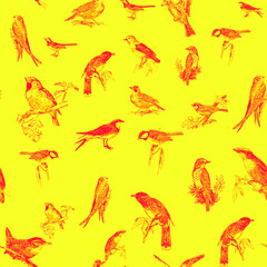 Seamless pattern with floral romantic elements, for your design. Endless texture, sketch humming-birds, watercolor flowers, isolated Vector illustration.