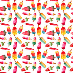 Seamless pattern with icecream. Watercolor illustration of fruit ice. Background with sweet food. Perfect for fabric and design