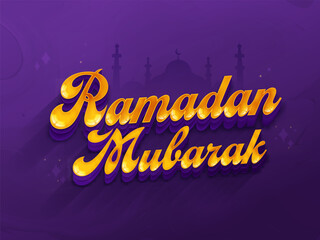 3D Style Golden Ramadan Mubarak Font Against Purple Silhouette Mosque Background.