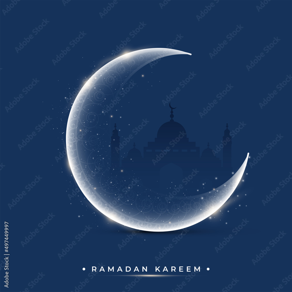 Sticker ramadan kareem concept with glowing crescent moon on blue silhouette mosque background.