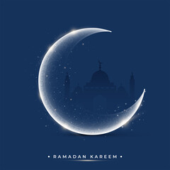 Obraz na płótnie Canvas Ramadan Kareem Concept With Glowing Crescent Moon On Blue Silhouette Mosque Background.