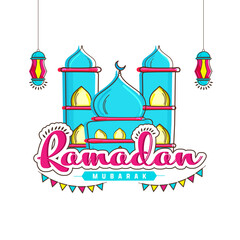 Ramadan Mubarak Font With Bunting Flags, Mosque Illustration And Lanterns Hang On White Background.
