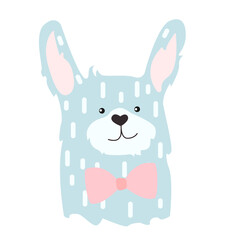 Cute blue rabbit with a pink bow. Simple childish vector illustration for printing on t-shirts, cards, fabrics, posters, etc. d.