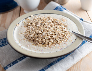 Breakfast yogurt with pureed apples and rolled oats