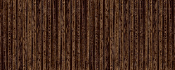 Dark brown shabby wooden board wide panoramic texture. Rough old knotty wood plank rustic large background