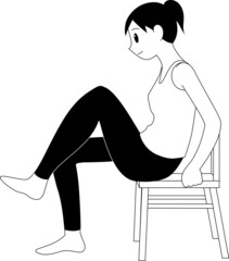 椅子に座ってもも上げをしている女性（モノクロ）
