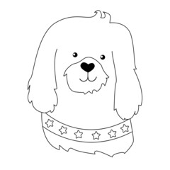 Cute dog with a collar in the stars. Vector coloring page. Illustration for printing. Easy coloring for kids.