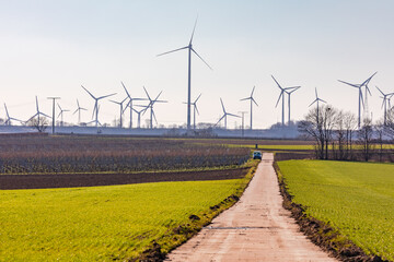 Wind turbines cluster on the horizon behind a road next to agricultural fields, Germany