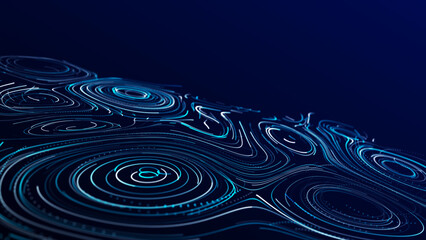 A flow of smooth swirling vortices. Glowing coils of turbulence on a blue background. Abstract digital wave. Big data sound visualization. 3D rendering.