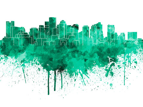 Boston Skyline In Green Watercolor On White Background