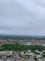 Aerial view looking over Munich Germany with buildings and landmarks. 