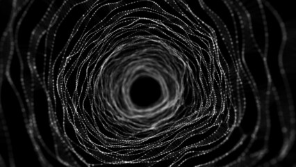 Abstract dynamic wireframe tunnel on black background. Deep wavy wormhole. Futuristic particle flow. 3d rendering.