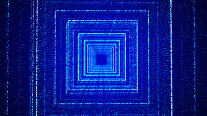 Abstract dynamic wireframe tunnel on blue background. Futuristic 3D portal. Futuristic particle flow. 3d rendering.