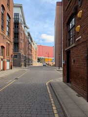 City scene in Manchester City centre with buildings and landmarks. 