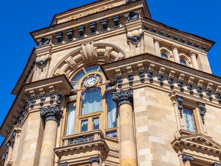 Moscow, Russia, April 6, 2022. Typical historical architectural in downtown, Kuznetsky most street, facade fragment