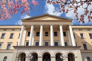 Oslo Royal Palace in Norway. Spring time cherry blossoms.