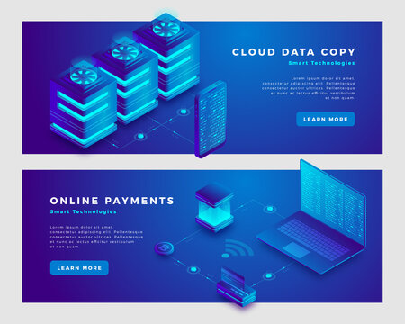 Cloud data copy and online payments concept banner template.