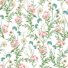Hand drawn paint brused Wild flower ,Meadow floral Seamless pattern Vector illustration artistic style ,Design for fashion , fabric, textile, wallpaper, cover, web , wrapping