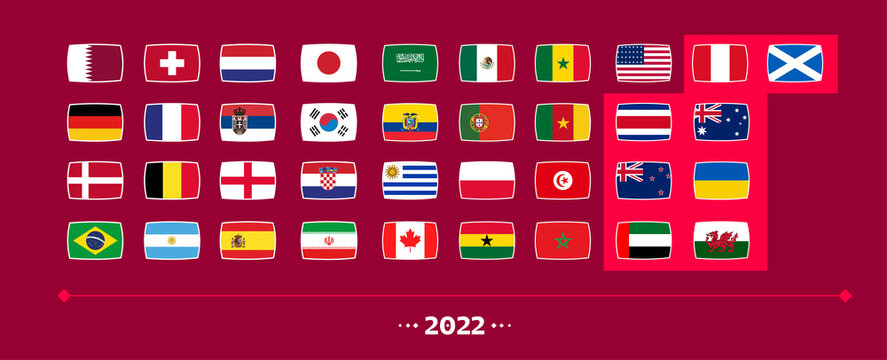 All Flags of the countries in the 2022 soccer world cup n Qatar