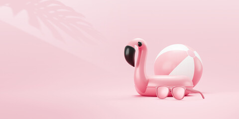 Pink flamingo background tropical pastel summer vacation beach accessories of minimal travel spring nature fashion season or creative beautiful holiday and beauty product banner on happy 3d backdrop. - obrazy, fototapety, plakaty