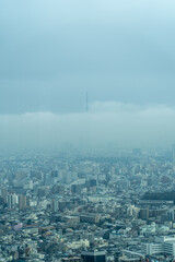 東京の空に浮かぶ雨雲と霧