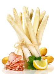 White Asparagus Ham and other Ingredients isolated on white Background