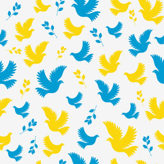 Fototapeta na wymiar Seamless pattern dove of peace with an olive branch. Vector flat seamless pattern in blue and yellow. Flying bird on a flag background.
