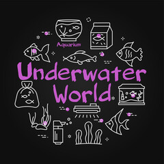 Underwater world linear vector concept. Line art white icons on black background