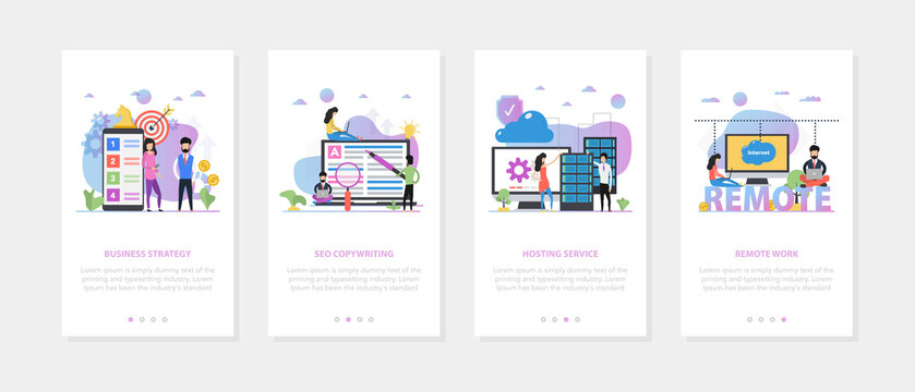 Business onboarding screen template. Four vector templates for SEO and business strategy.