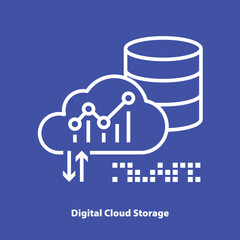 Digital cloud storage vector linear icon. White cloud pictogram on blue background