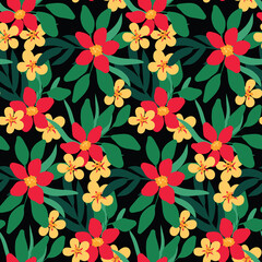 Fototapeta na wymiar Simple retro print with tropical plants, various flowers, leaves and twigs on a black field. Seamless floral pattern, beautiful botanical background with painting plants. Vector.