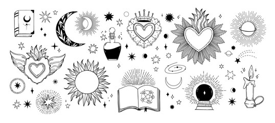 Modern outline vector illustrations - magic symbols, crescent moon, sun, magic ball and books. Occult witch elements and Mysterious. Perfect for logo, embroidery, stickers, social media, branding - 497455948