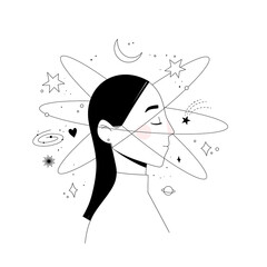 Modern outline vector illustration - girl and space (planet, star, sun, comet). Universe line drawings. Meditation. Open your mind. Mindset. Perfect for blogs, articles, web, cards, social media © Kate Macate