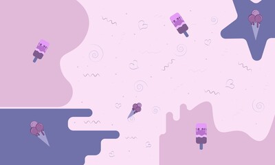 Ice cream packaging, labels, banner, poster, identity, branding. Purple and pink background with decorative design elements - ice cream cone and ice lolly