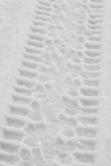 Car tread track on snow, vertical frame.