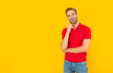 male casual fashion. mens beauty. man with bristle in red shirt.