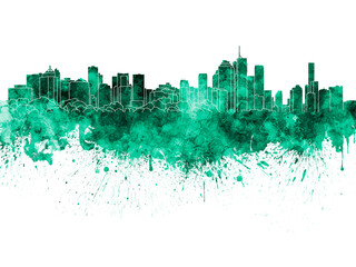 Brisbane skyline in green watercolor on white background