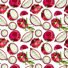 637_fruit dragon dragon fruit, set of vector colorful illustrations, ripe fruit, pink, green, white, whole and pieces, exotic tropical fruit whole and pieces, seamless pattern, tropical exotic fruits