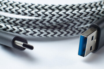 Usb data cable with fabric braid close-up on white