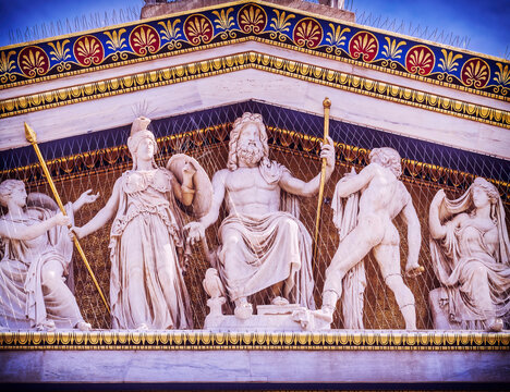 A partial pediment view with Zeus and othes ancient Greek gods  statues, Athens, Greece.