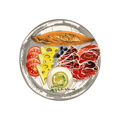 555_651_prosciutto_olives bread, cheese, tomatoes, olives, sauce, butter, herbs, ham, meat, cuts for a sandwich on a plate, a colorful drawing of products for a healthy snack