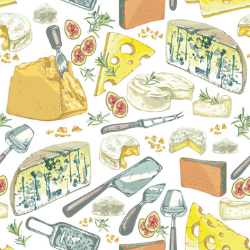 505_CHEESE, different varieties pieces of cheese of different varieties, knives, slices of figs, sprigs of rosemary, seamless pattern
